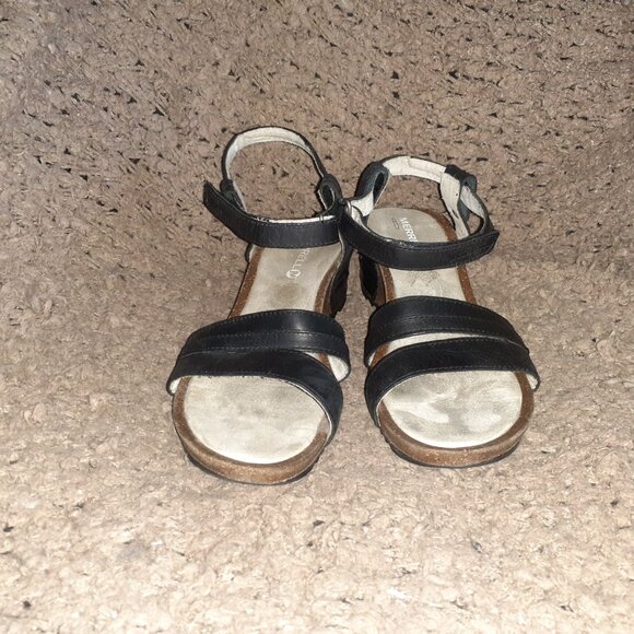 MERRELL-Revalli Aura Black Leather Strappy Cork Wedge Sandals-Sz 9-Near Mint - Picture 3 of 7